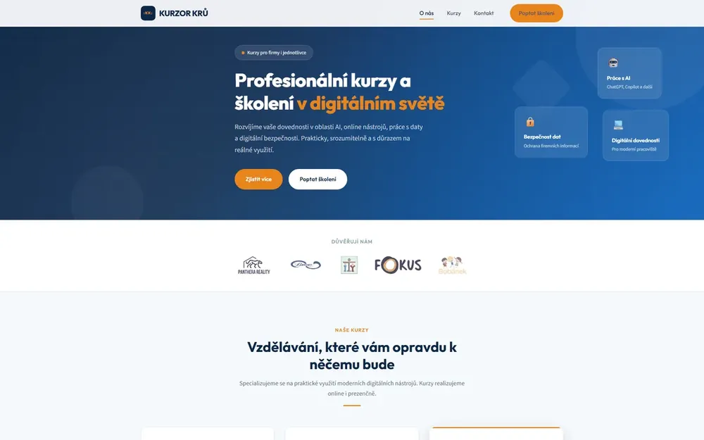 Webové stránky Kurzor Krů, kurzy AI a digitálních dovedností